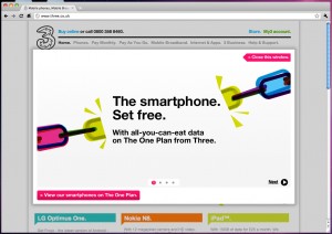 three's very dumb homepage advert